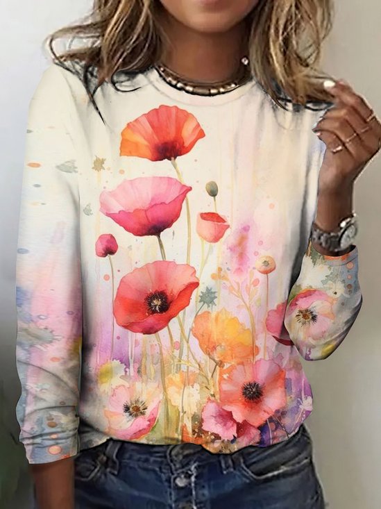 T-shirts Rétro Floral Printemps / Automne Polyester Quotidien Coupe Régulière Col Rond Régulier Trapèze pour Femmes