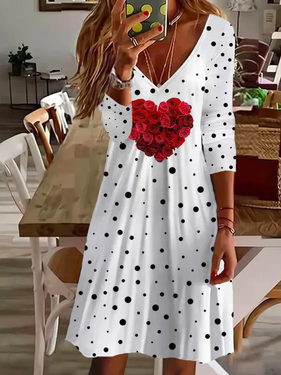 Femmes Pois Polka Blanc Col V Confortable Imprimé Robe Mi-Longue Décontracté