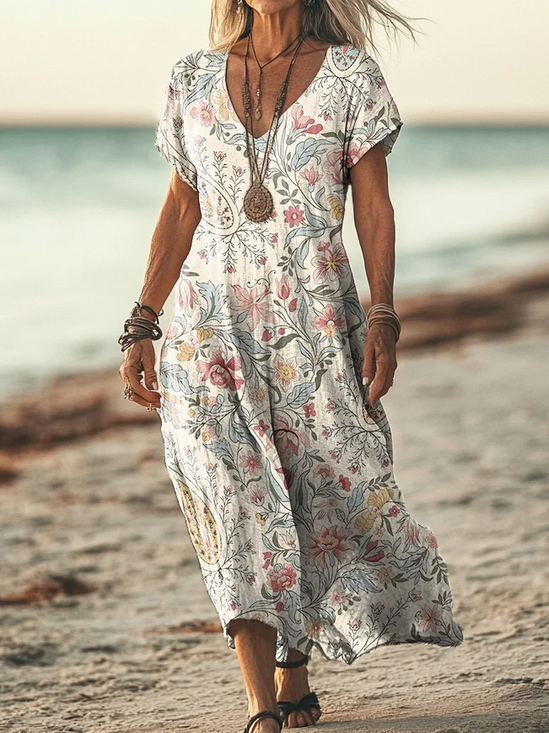 Femmes Floral Blanc Col V Confortable Imprimé Robe Maxi Décontracté