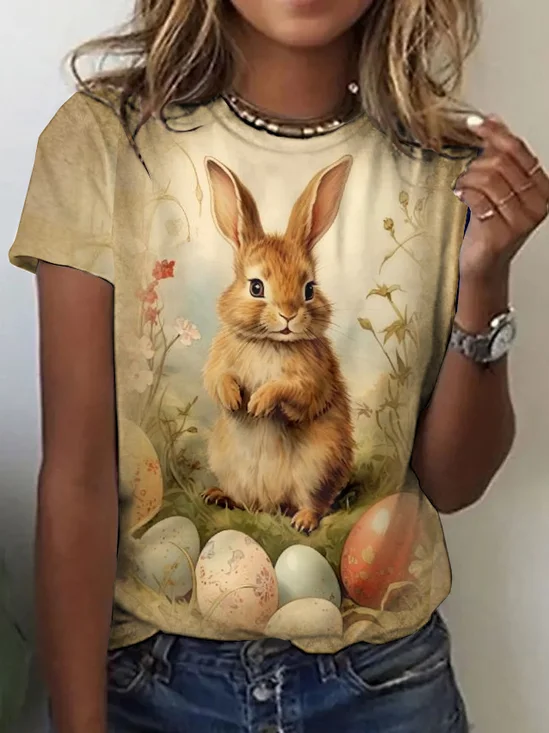 T-shirts Rétro Plain Été Polyester Micro-élasticité Quotidien Manches Courtes Col Rond Régulier pour Femmes