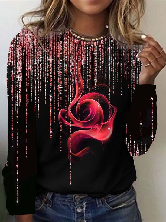 T-shirts Femmes Décontracté Floral Printemps / Automne Imprimé Micro-élasticité Quotidien Ample Manches Longues Régulier