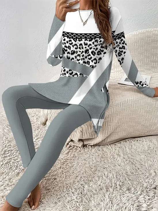 Deux Pièces Ensembles Femmes Géométrique Décontracté Printemps / Automne Ample Jersey Manches Longues Top Avec Pantalons Droit 2025POD