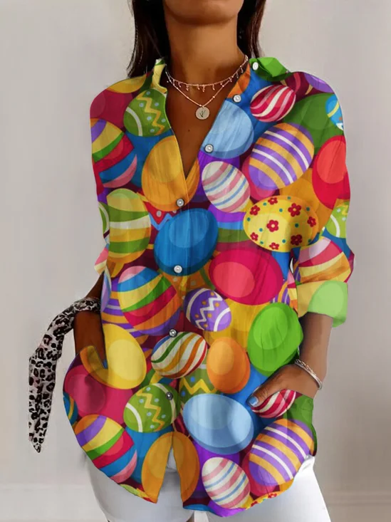 Chemises Géométrique Décontracté Printemps / Automne Polyester Micro-élasticité Vacances Coupe Régulière Manches Longues Trapèze pour Femmes