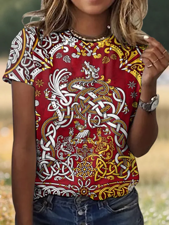 T-shirts Rétro La peinture Été Polyester Micro-élasticité Quotidien Col Rond Régulier Régulier pour Femmes