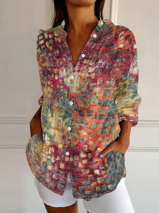 Chemises Femmes Décontracté Printemps / Automne Multicolore Bloc Micro-élasticité Manches Longues Col Châle Régulier Droit Mélange de lin