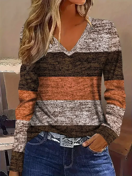 T-shirts Multicolore Bloc Décontracté Printemps / Automne Col V Imprimé Aucune élasticité Quotidien Jersey Manches Longues pour Femmes