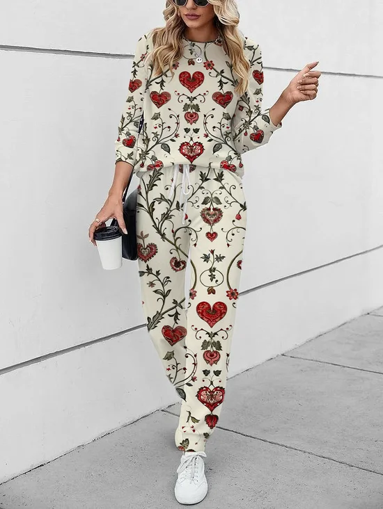 Deux Pièces Ensembles Décontracté Floral Printemps / Automne Cordon de Serrage Quotidien Taille Moyenne Col Rond Top Avec Pantalons Droit pour Femmes