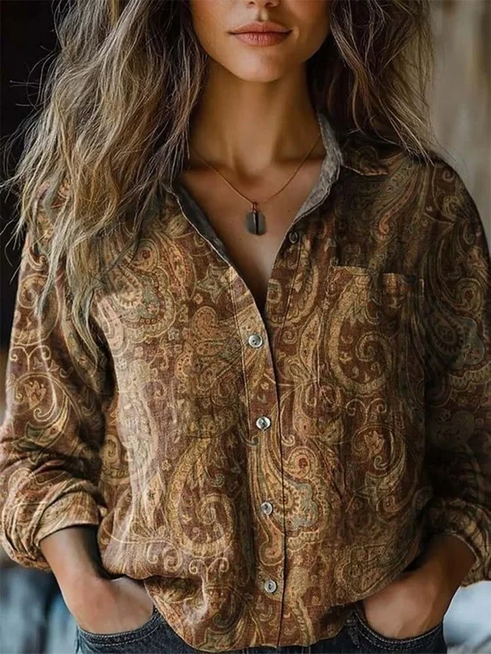 Chemises Femmes Ethnique Motif Cachemire Printemps / Automne Polyester Micro-élasticité Manches Longues Col Châle Régulier Droit