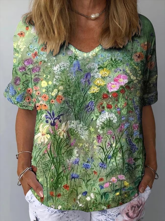 Blouses Décontracté Floral Été Coton Aucune élasticité Manches Courtes Régulier Droit Régulier pour Femmes