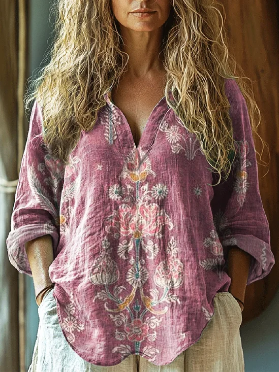 Chemises Simple Floral Printemps / Automne Col V Aucune élasticité Ample en Mélangé de Coton Régulier Trapèze pour Femmes