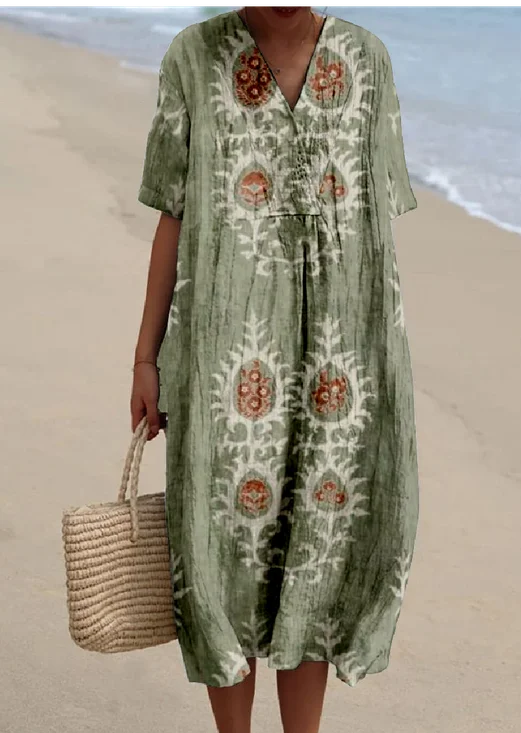 Femmes Tropical Vert Col V Confortable Robe Maxi Rétro