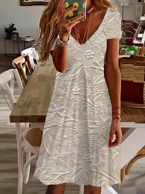 Femmes Floral Abricot Col V Confortable Imprimé Robe de Longueur Au Genou Décontracté