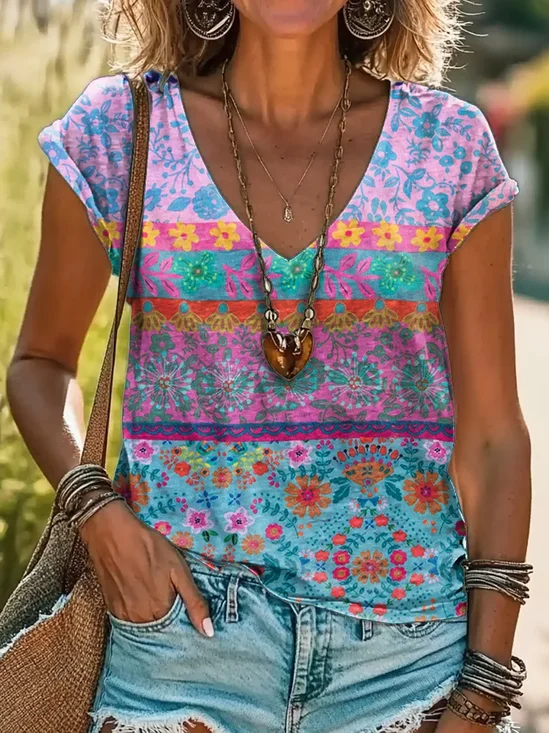 T-shirts Décontracté Floral Été Quotidien Ample Régulier Régulier T.-N.-L. 2025POD pour Femmes