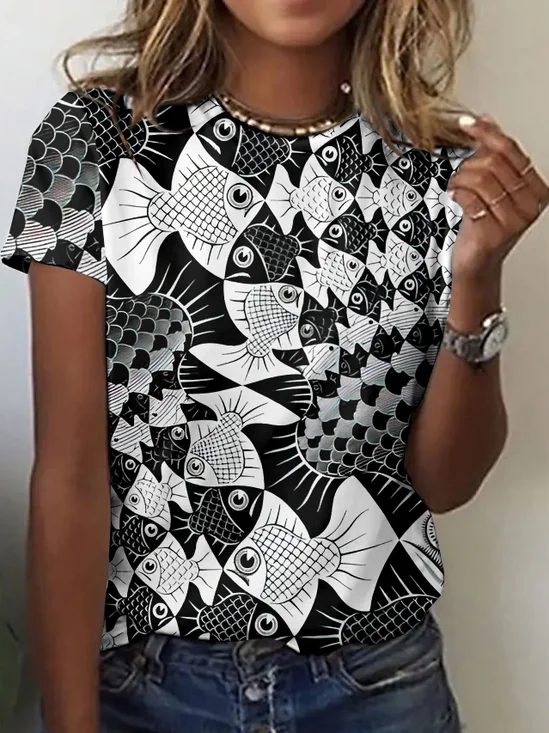 T-shirts Rétro La peinture Été Coton Micro-élasticité Quotidien Manches Courtes Col Rond Régulier pour Femmes
