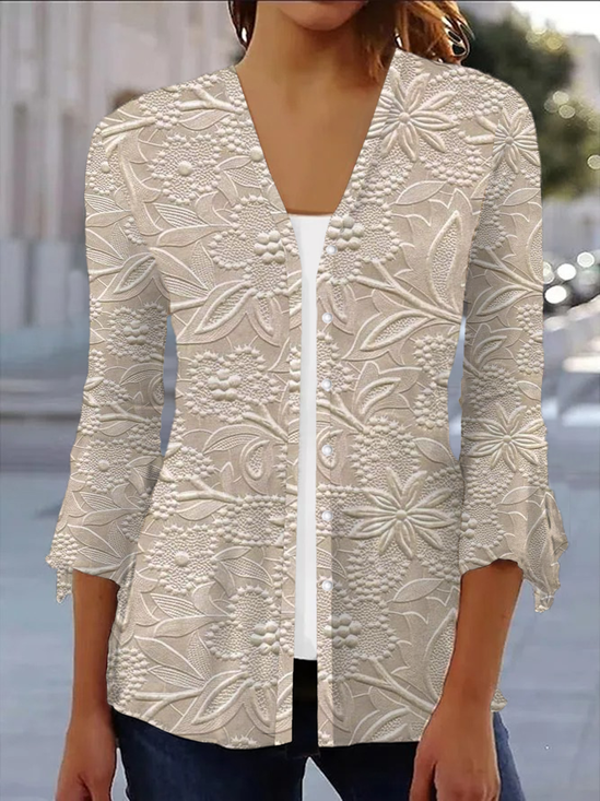 Élasticité moyenne Col V Manches trois quarts Régulier Floral Kimono Imprimé pour Femmes