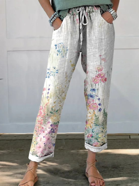 Pantalons Décontracté Floral Printemps / Automne Imprimé Micro-élasticité Taille Moyenne Pantalon à la cheville Droit Mélange de lin pour Femmes