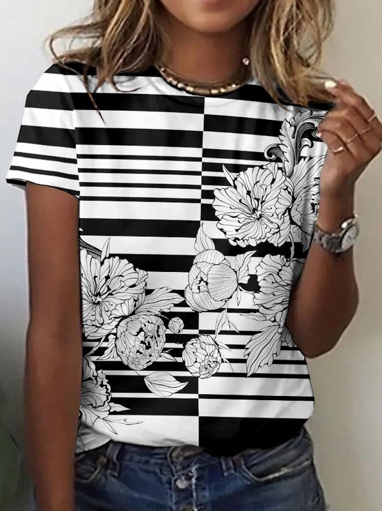 T-shirts Rétro Imprimé d'Animal Été Coton Manches Courtes Col Rond Régulier Trapèze Régulier pour Femmes