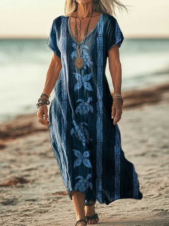 Femmes Marin Vie Comme Image Col V Confortable Imprimé Robe Maxi Décontracté