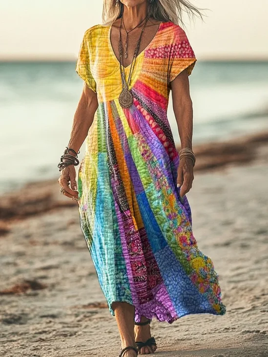 Femmes Floral Comme Image Col V Confortable Imprimé Robe Maxi Décontracté