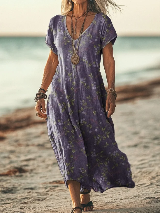 Femmes Floral Violet Col V Confortable Imprimé Robe Maxi Décontracté