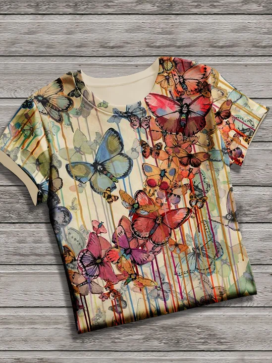 T-shirts Rétro La peinture Été Micro-élasticité Coupe Régulière Manches Courtes Col Rond Régulier Trapèze pour Femmes