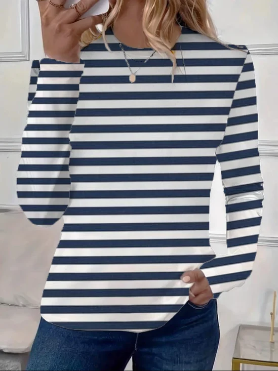 T-shirts Femmes Rayé Décontracté Printemps / Automne Imprimé Micro-élasticité Quotidien Jersey Régulier Régulier