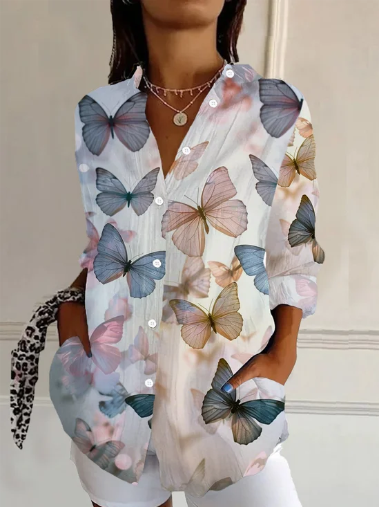 Chemises Décontracté Printemps / Automne Papillon Polyester Quotidien Ample Régulier Droit Boucle pour Femmes