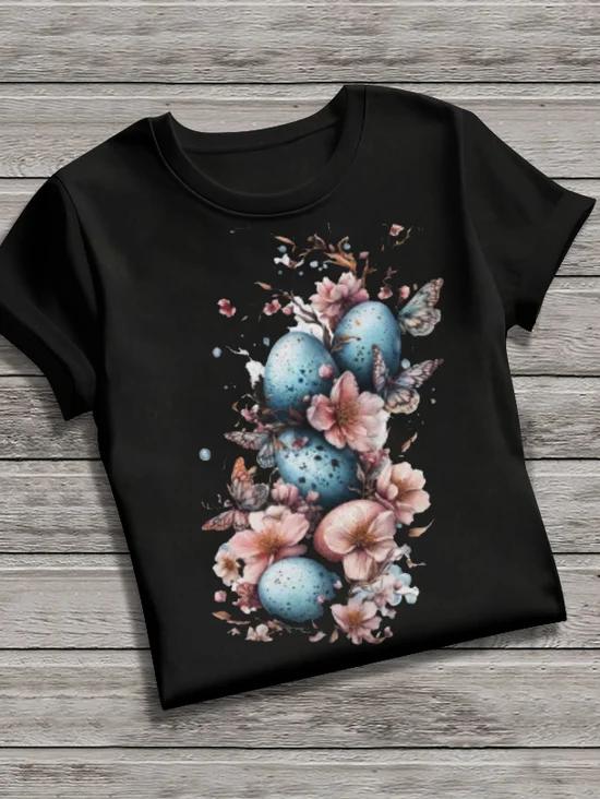 T-shirts Rétro La peinture Été Coton Micro-élasticité Coupe Régulière Manches Courtes Col Rond Trapèze pour Femmes