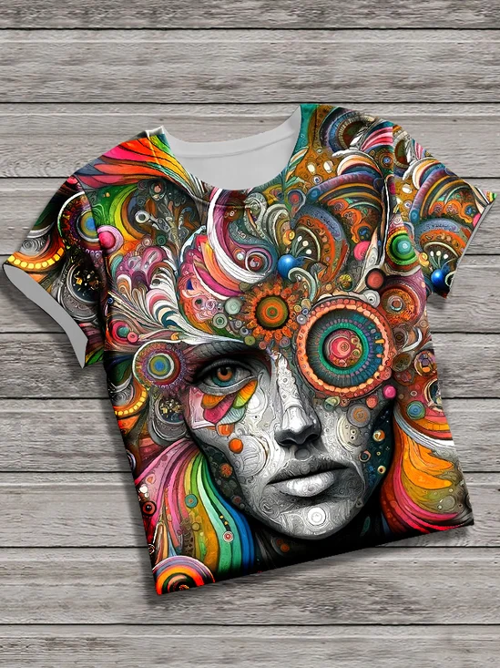 T-shirts Rétro La peinture Été Polyester Micro-élasticité Quotidien Coupe Régulière Col Rond Régulier pour Femmes
