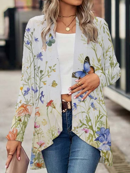 Élasticité moyenne Manches Longues Régulier Floral Kimono Imprimé pour Femmes