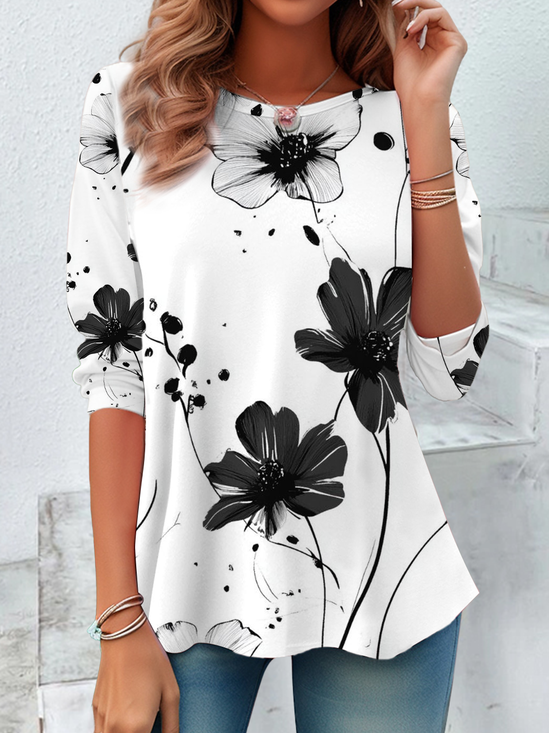 T-shirts Décontracté Floral Printemps / Automne Imprimé Ample Droit Régulier Non 2025POD pour Femmes