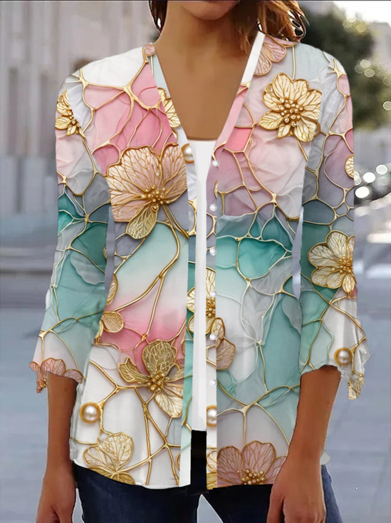 Élasticité moyenne Col V Manches trois quarts Régulier Floral Kimono Imprimé pour Femmes