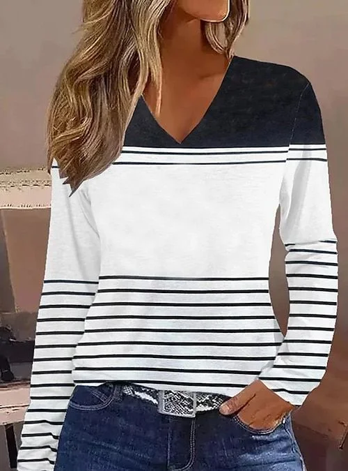 T-shirts Rayé Décontracté Printemps / Automne Imprimé Aucune élasticité Coupe Régulière Jersey Manches Longues Régulier pour Femmes