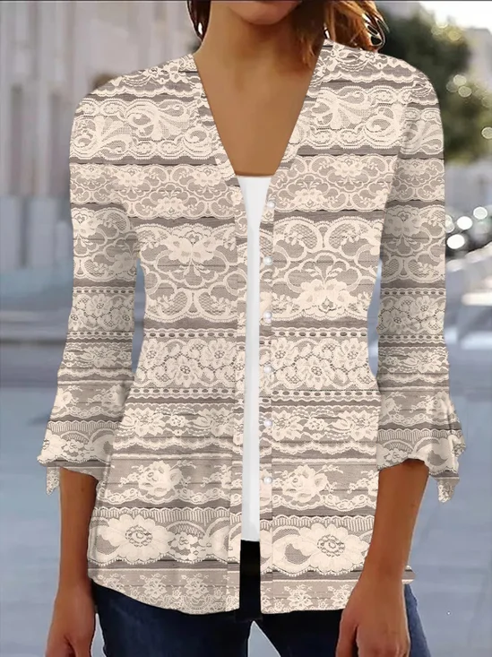 Élasticité moyenne Col V Manches trois quarts Régulier Floral Kimono Imprimé pour Femmes