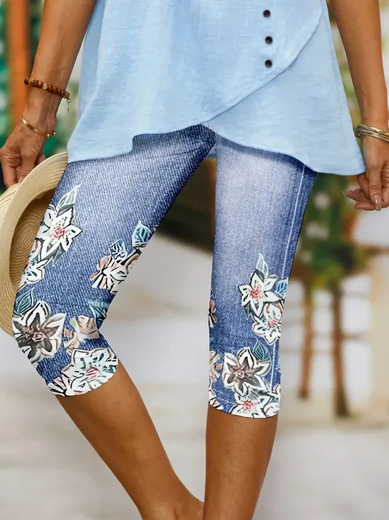 Pantalons Décontracté Floral Été Viscose Naturel Coupe Régulière Taille Élastique Legging T.-N.-L. pour Femmes