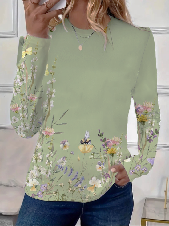 T-shirts Femmes Décontracté Floral Printemps / Automne Imprimé Micro-élasticité Quotidien Ample Jersey Régulier