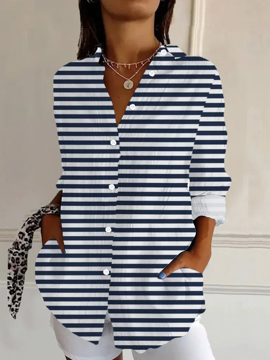 Chemises Rayé Décontracté Printemps / Automne Aucune élasticité Ample Manches Longues Régulier Boucle T.-N.-L. pour Femmes