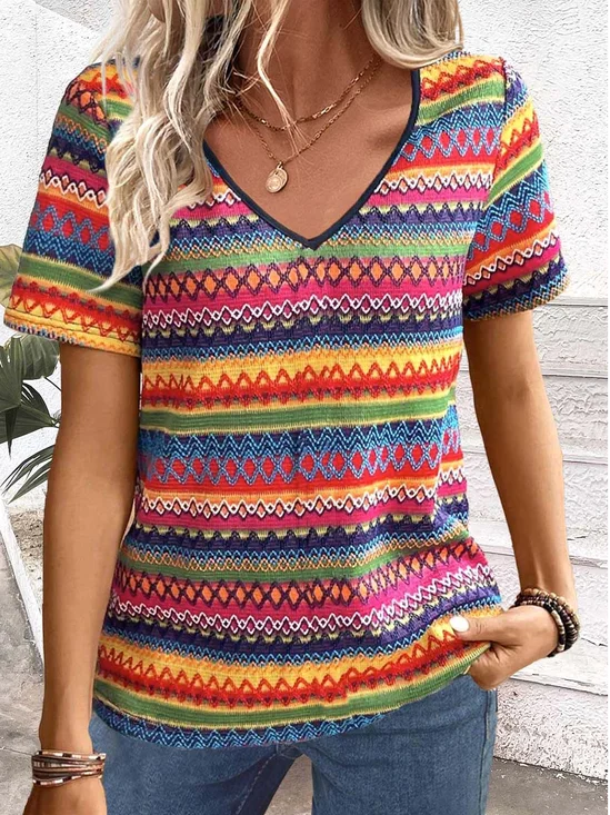 T-shirts Femmes Multicolore Bloc Décontracté Été Col V Quotidien Jersey Régulier Droit T.-N.-L.