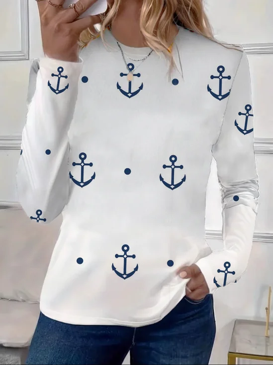 T-shirts Décontracté Printemps / Automne Ancre Micro-élasticité Ample Jersey Manches Longues Col Rond Régulier pour Femmes