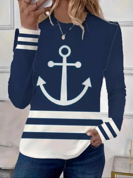 T-shirts Rayé Décontracté Printemps / Automne Imprimé Quotidien Jersey Manches Longues Col Rond Régulier pour Femmes