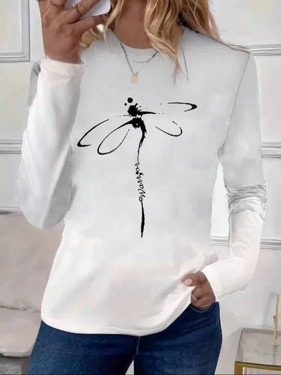 T-shirts Décontracté Printemps / Automne Libellule Imprimé Micro-élasticité Quotidien Jersey Régulier Droit pour Femmes