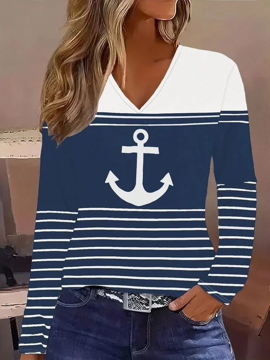 T-shirts Femmes Ancre Décontracté Printemps / Automne Aucune élasticité Quotidien Manches Longues Régulier Droit Régulier