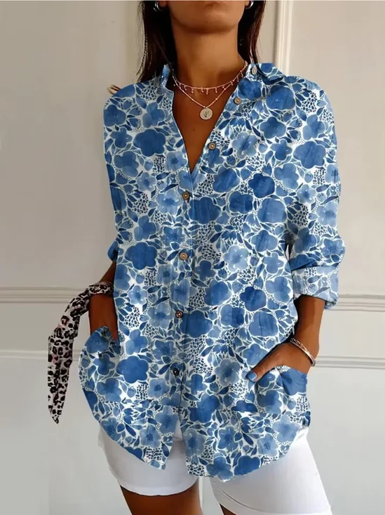Chemises Femmes Rétro Floral Printemps / Automne Aucune élasticité Quotidien Ample Manches Longues Régulier T.-N.-L.
