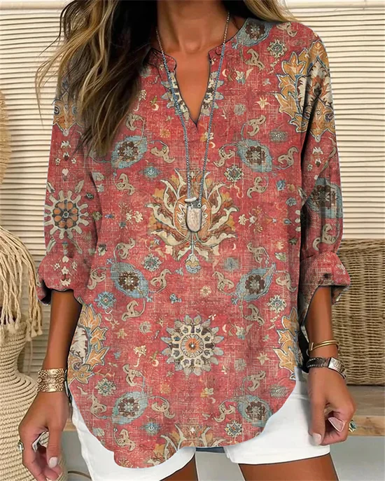 Chemises Femmes Simple Floral Printemps / Automne Col V Aucune élasticité Ample Manches Longues en Mélangé de Coton Régulier
