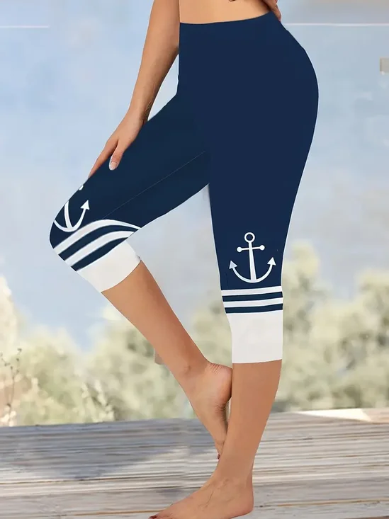 Pantalons Femmes Décontracté Été Ancre Imprimé Viscose Coupe Régulière Corsaire Droit T.-N.-L.