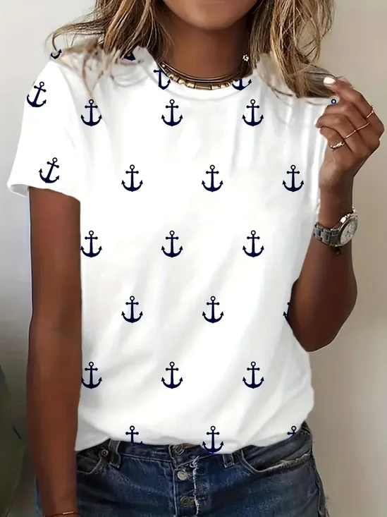 T-shirts Femmes Décontracté Été Ancre Imprimé Micro-élasticité Ample Manches Courtes Col Rond Régulier