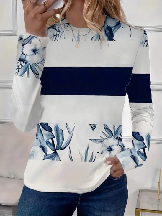 T-shirts Femmes Décontracté Floral Printemps / Automne Imprimé Micro-élasticité Jersey Régulier Droit Régulier