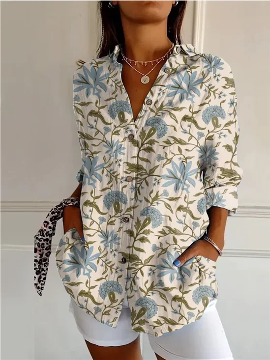 Chemises Femmes Décontracté Floral Printemps / Automne Polyester Vacances Ample Régulier Droit Col de Chemise