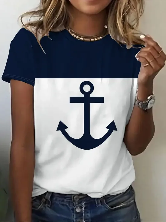 T-shirts Femmes Décontracté Été Ancre Imprimé Jersey Manches Courtes Col Rond Régulier Régulier
