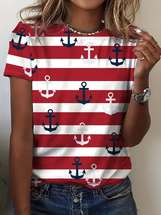 T-shirts Rayé Décontracté Été Imprimé Quotidien Ample Jersey Col Rond Régulier pour Femmes